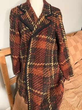 Soft Surroundings Plaid Knit Sweater Coat  in Rust, Brown & Yellow